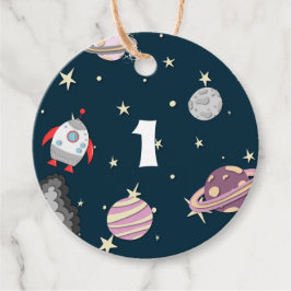 Étiquettes Cadeau Space Ship Stars and Planets Girl Premier annivers