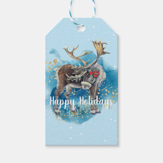 Étiquettes-cadeau Splash bleu renne de Noël (Devant)