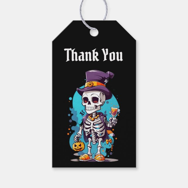 Étiquettes-cadeau Squelette cool dans un haut chapeau Halloween Merc (Devant)