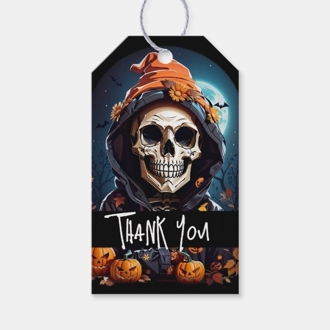 Étiquettes-cadeau Squelette éffrayant avec Merci Citrouille mal (Devant)