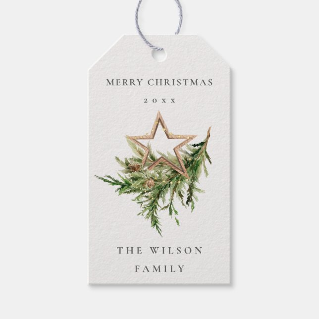 Étiquettes-cadeau Star Orament Pine Branch Faune Joyeux Noël (Devant)