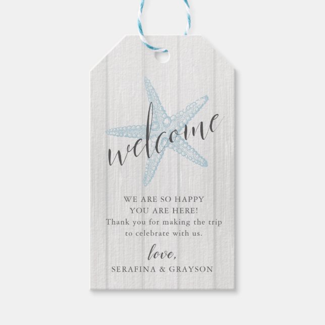 Étiquettes-cadeau Starfish Beach Wedding Sac de bienvenue rustique (Devant)