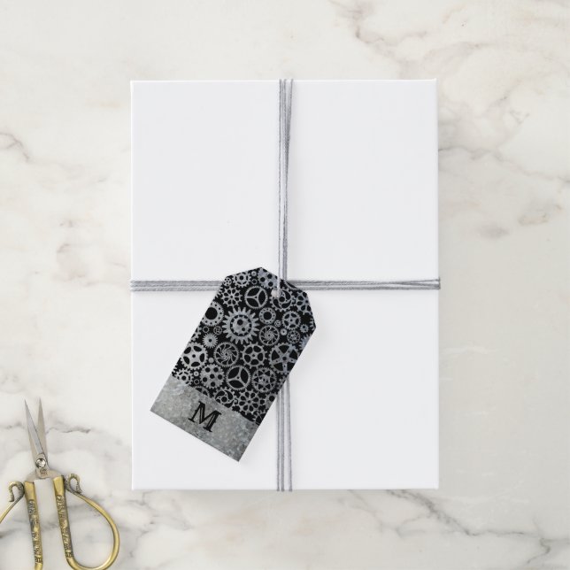 Étiquettes-cadeau Steampunk Argent Zinc engrenages Personnalisé Mono (Avec de la ficelle)