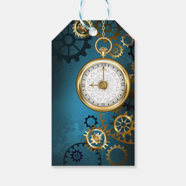 Étiquettes-cadeau Steampunk Arrière - plan turquoise avec Gears (Devant)