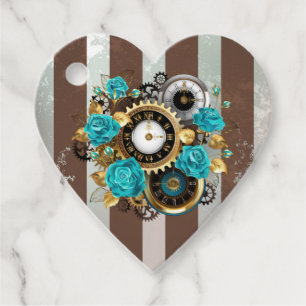 Étiquettes Cadeau Steampunk Clock and Turquoise Roses on Striped