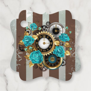 Étiquettes Cadeau Steampunk Clock and Turquoise Roses on Striped