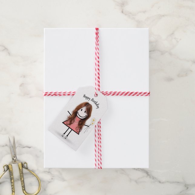 Étiquettes-cadeau Stick Girl en En vichy robe (Avec de la ficelle)