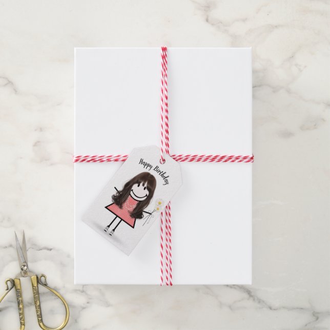 Étiquettes-cadeau Stick Girl en En vichy robe (Avec de la ficelle)