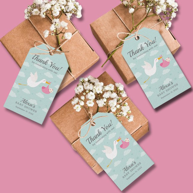 Étiquettes-cadeau Stork Pink Bundle fille Baby shower Favoriser (Pink bundle stork girl baby shower favor gift tags)