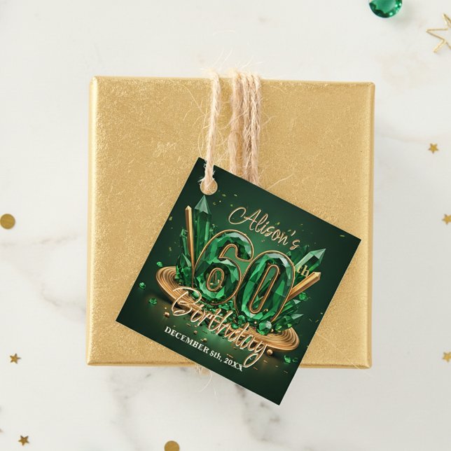 Étiquettes Cadeau Stylish Luxury Emerald Green Gold 60th Birthday (Créateur téléchargé)