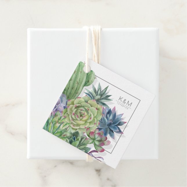 Étiquettes Cadeau Succulents et Mariage étincelant ID515 bleu (En situation)