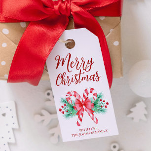 Étiquettes-cadeau Sucres de canne d'aquarelle et Noël de la Bow roug