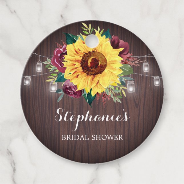 Étiquettes Cadeau Sunflower Bourgogne Jar Fête des mariées en bois (Devant)