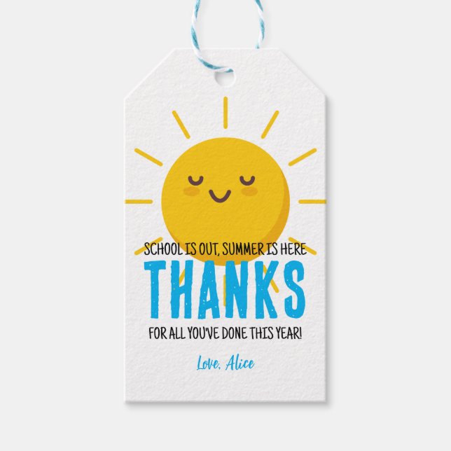 Étiquettes-cadeau Sunshine Merci, Appréciation de l'enseignant d'été (Devant)