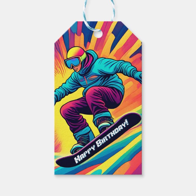 Étiquettes-cadeau Super Psychédélique Ado Snowboarder Anniversaire (Devant)