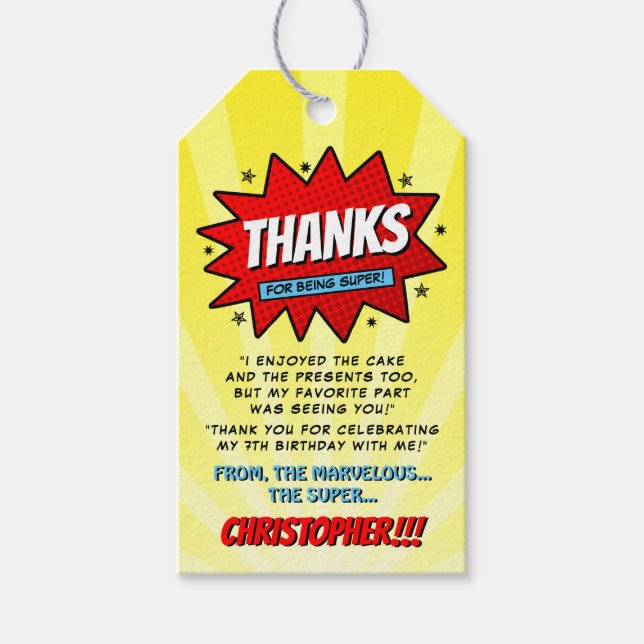 Étiquettes-cadeau Superhero Comic Book N'importe quel âge Anniversai (Devant)