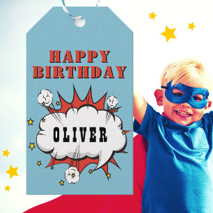 Étiquettes-cadeau Superhero Comic Speech Bubble Boy Joyeux anniversa