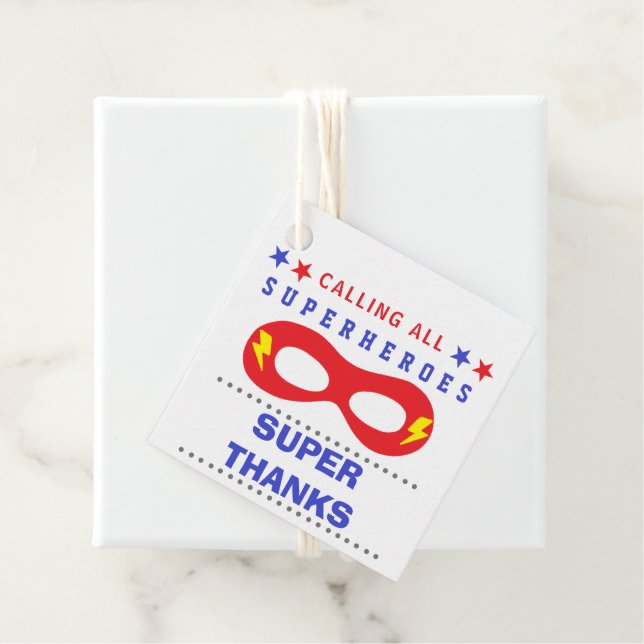 Étiquettes Cadeau Superheros Party Super merci (En situation)