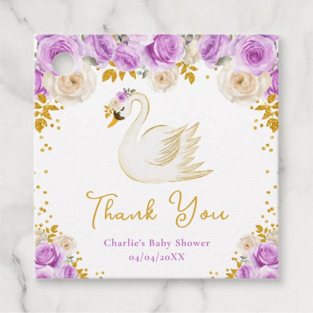 Étiquettes Cadeau Swan Purple Gold Rose Baby shower Merci (Devant)