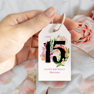 Étiquettes-cadeau Sweet 15 Floral Numéro 15e Anniversaire