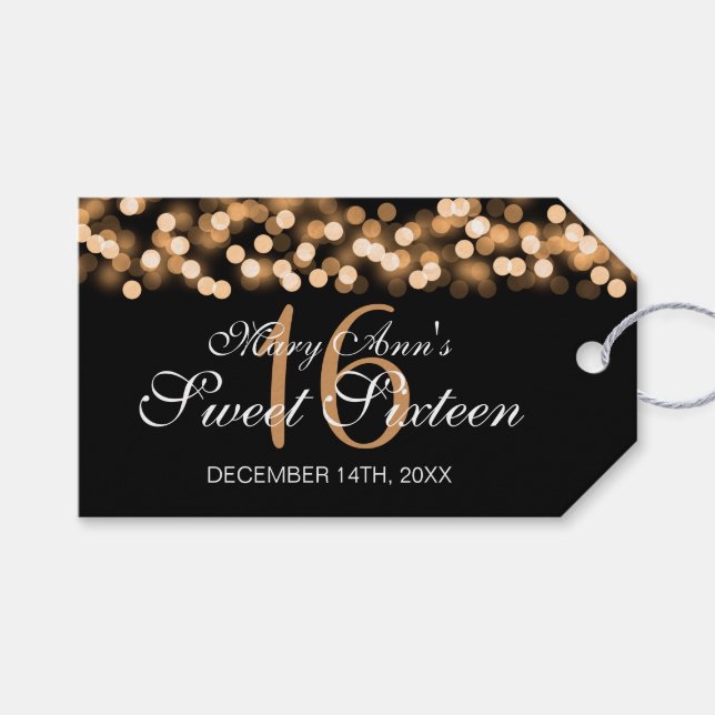 Étiquettes-cadeau Sweet 16 fête d'anniversaire Hollywood Glam Gold (Devant (Horizontal))
