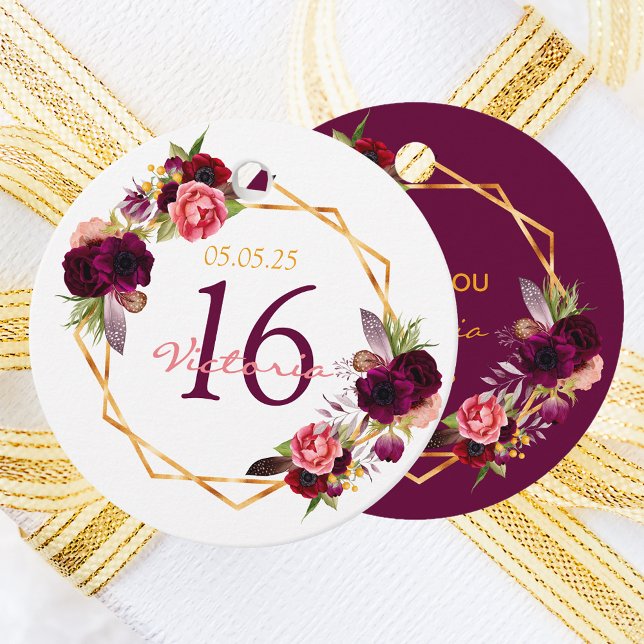 Étiquettes Cadeau Sweet 16 fleuris blanc bordeaux nom (Créateur téléchargé)