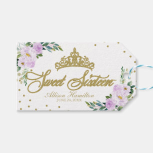 Étiquettes-cadeau Sweet 16 Party Gold Tiara Lavender Floral