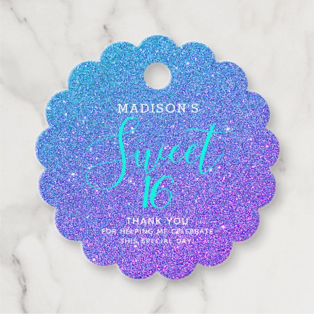 Étiquettes Cadeau Sweet 16 Turquoise Parties scintillant violet Merc (Devant)