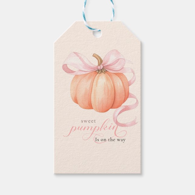 Étiquettes-cadeau Sweet Little citrouille rose arc est en chemin (Devant)