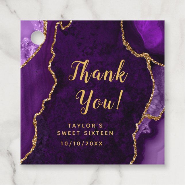 Étiquettes Cadeau Sweet sixteen d'agate violet et or Merci (Devant)