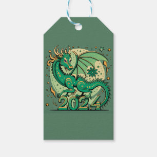 Étiquettes-cadeau Symbole 2024 Nouvel An, Dragon de Bois Vert