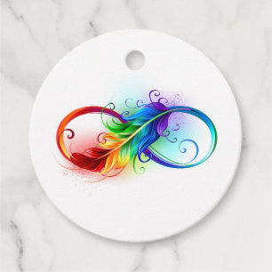 Étiquettes Cadeau Symbole d'infini avec plume arc-en-ciel