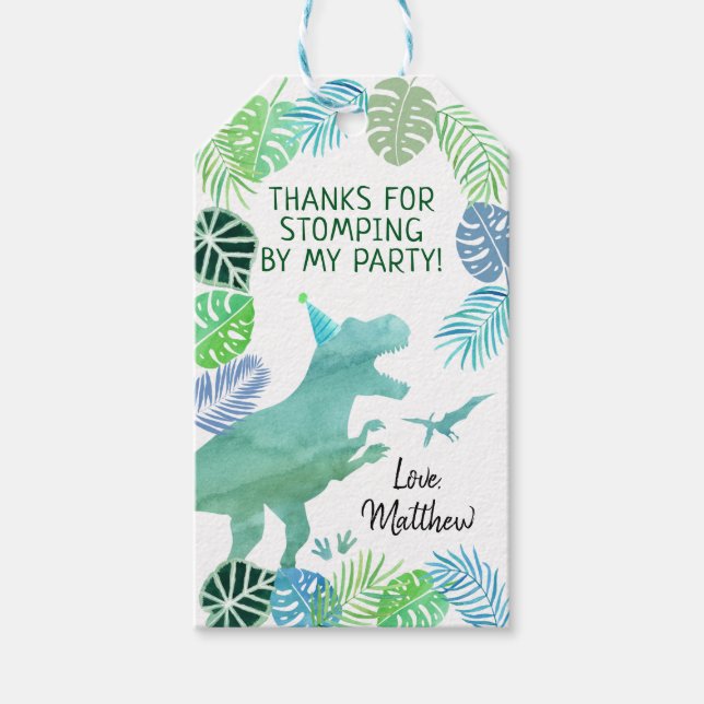 Étiquettes-cadeau T-Rex Dinosaur Verdure Anniversaire Merci (Devant)