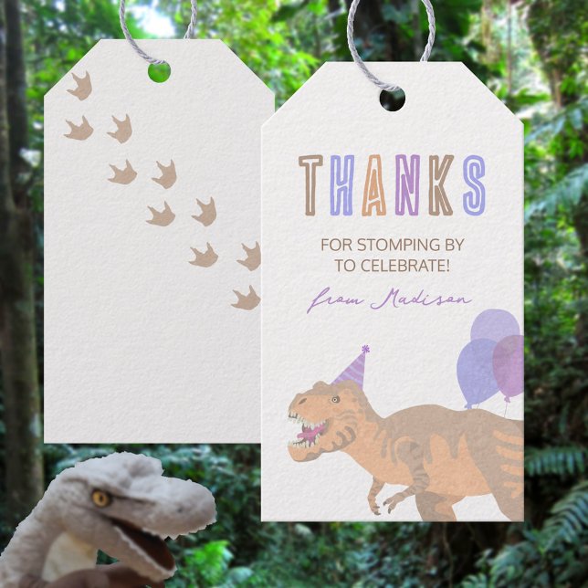 Étiquettes-cadeau T-Rex Tan Merci Dinosaur Anniversaire Favoriser Ba (Cute dinosaur birthday themed Thank You favor tags that are easy to customize)