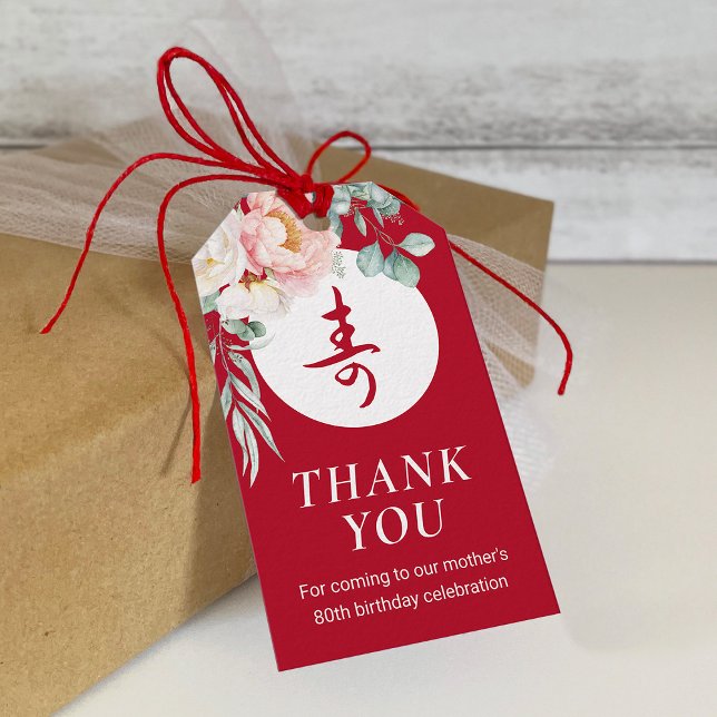 Étiquettes-cadeau Tag cadeau chinois "Longévité" Birthday Peony roug (Créateur téléchargé)