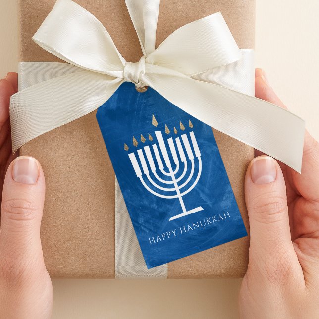 Étiquettes-cadeau Tag cadeau de Menorah Blue Hanoukka moderne (blue watercolor style modern happy Hanukkah gift tag)