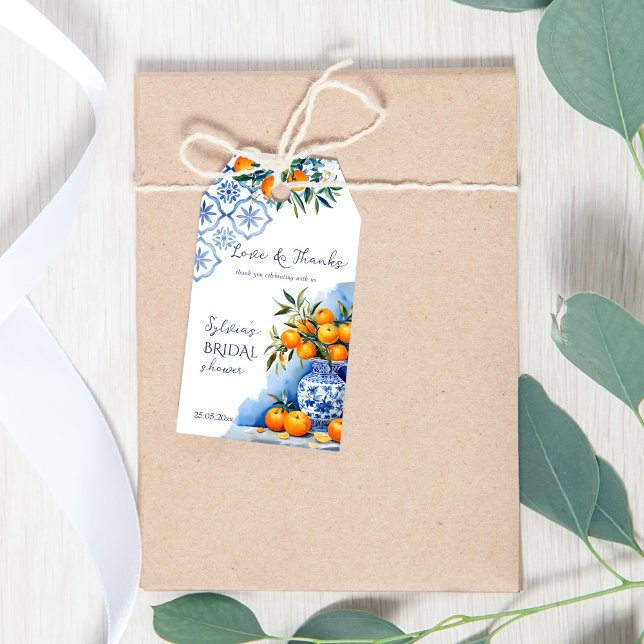 Étiquettes-cadeau Talavera bleu ornages agrumes prime douche (Talavera blue ornages citrus Mexican Hacienda summer bridal shower thank you favor gift tags)