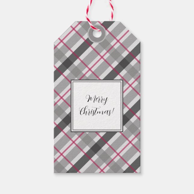 Étiquettes-cadeau Tartan Balmoral Noir Gris Bourgogne Monogramme (Devant)