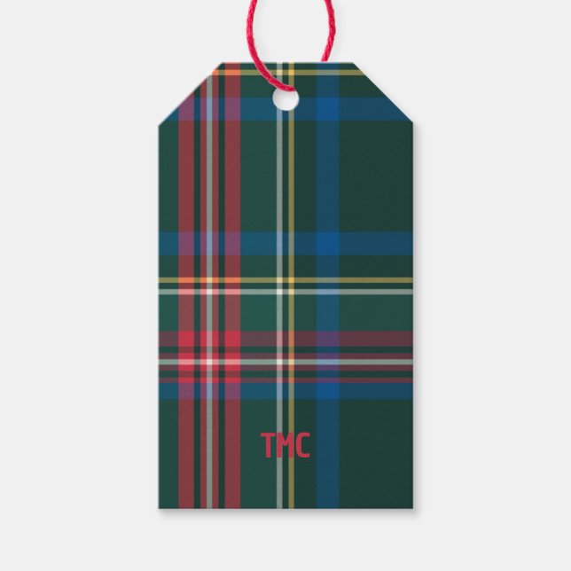 Étiquettes-cadeau Tartan de vacances Plaid Initiales rouges Preppy N (Devant)