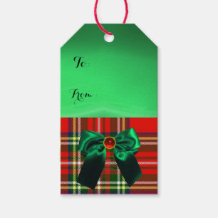 ÉTIQUETTES-CADEAU TARTAN ÉCOSSAIS ROUGE VERT AVEC RUBANS DE NOËL