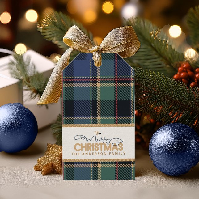 Étiquettes-cadeau Tartan Joyeux Noël Bleu Gold Frame ID1141B (Créateur téléchargé)