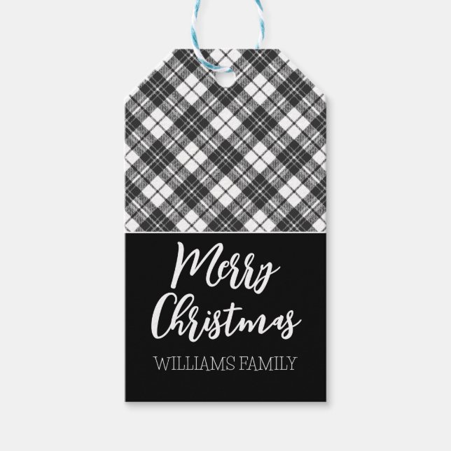 Étiquettes-cadeau Tartan noir blanc Joyeux Noël Nom personnalisé (Devant)