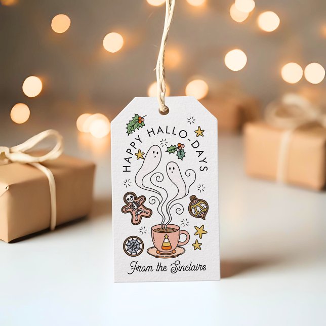 Étiquettes-cadeau Tasse à café rose avec des fantômes Halloween Noël (Créateur téléchargé)