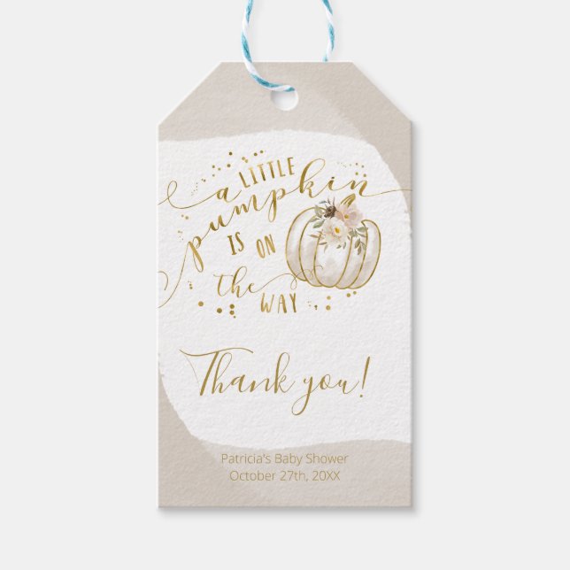 Étiquettes-cadeau Taupe Citrouille d'or Merci de Baby shower d'autom (Devant)