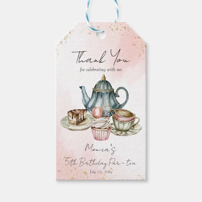 Étiquettes-cadeau Tea party rose bleu anniversaire merci (Devant)