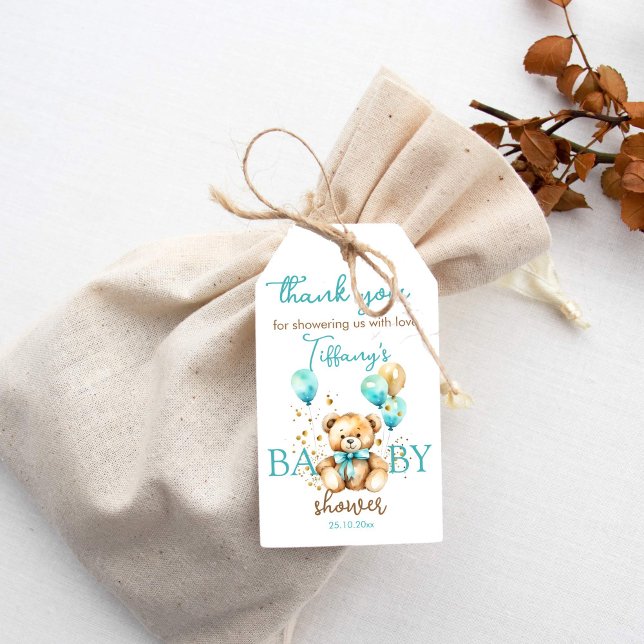 Étiquettes-cadeau Teddy baby shower merci pour (Teddy baby shower thank you favor gift tags cute teddy with teal and gold balloons)