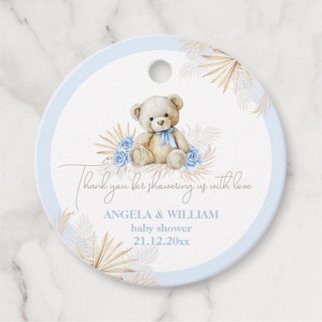 Étiquettes Cadeau Teddy Bear Boho Blue Boy Merci Baby shower (Devant)