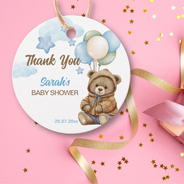 Étiquettes Cadeau Teddy ours baby shower bearly attendez merci (Teddy bear with balloons baby shower favor gift tags bearly wait baby shower favor tags)
