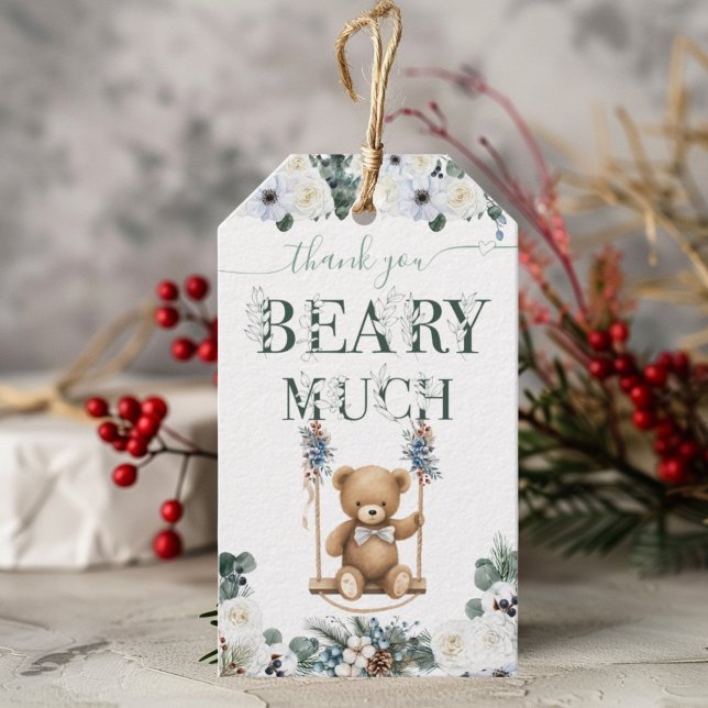 Étiquettes-cadeau Teddy Ours Floral Sage Vert Merci neutre (Créateur téléchargé)