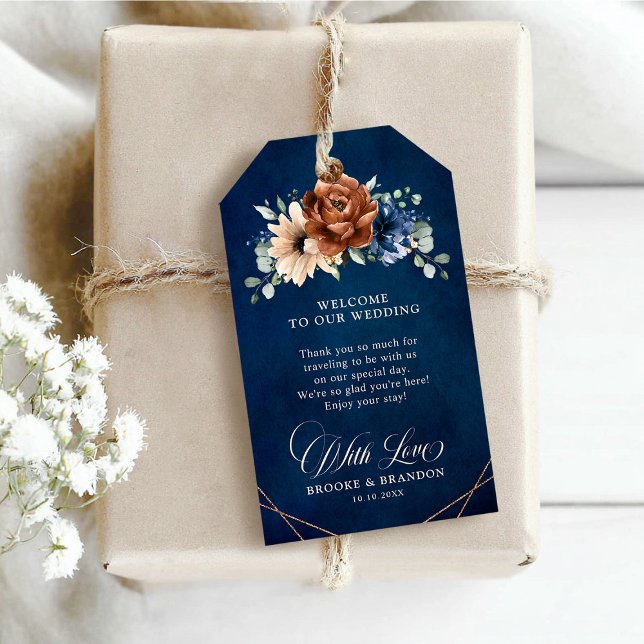 Étiquettes-cadeau Terracotta Marine Bleu Mariage géométrique Bienven (Terracotta Navy Blue Geometric Wedding Welcome Gift Tags)